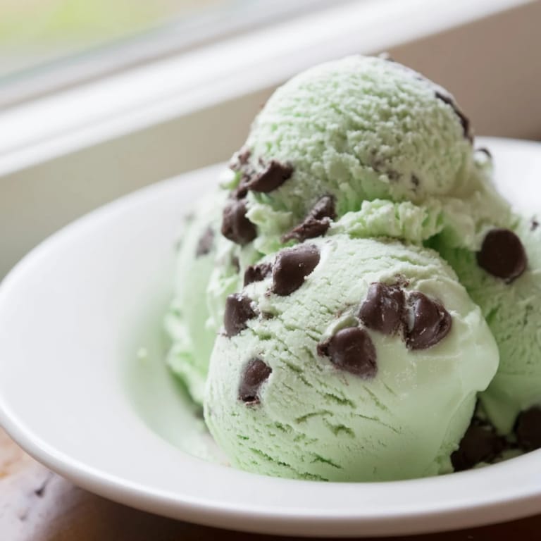 Close-up of freshly churned Mint Chocolate Chip Ice Cream featuring a vibrant green hue and crunchy chips.