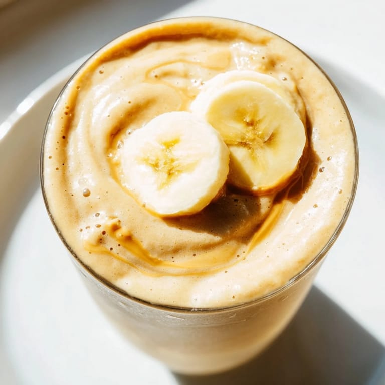 A visually appealing Peanut Butter Banana Smoothie, thick and blended, perfect for a quick, healthy drink.