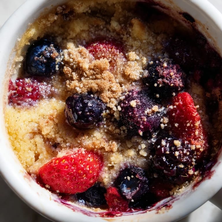 A single serving of fluffy Mixed Berry Cobbler Mug Cake, golden-brown and studded with fresh berries.