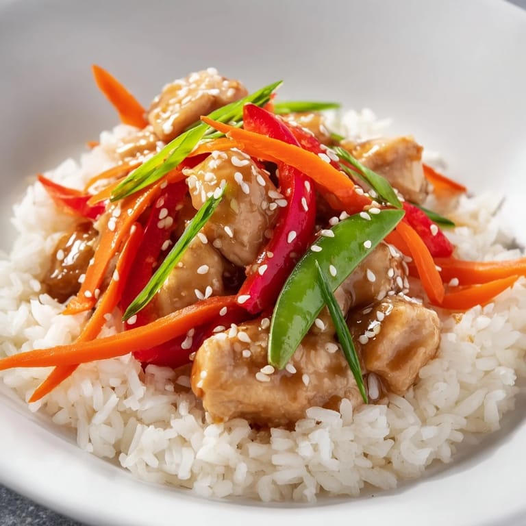 The vibrant colors of the Sesame Ginger Rice Bowl shine through—chicken, rice, and crisp vegetables.