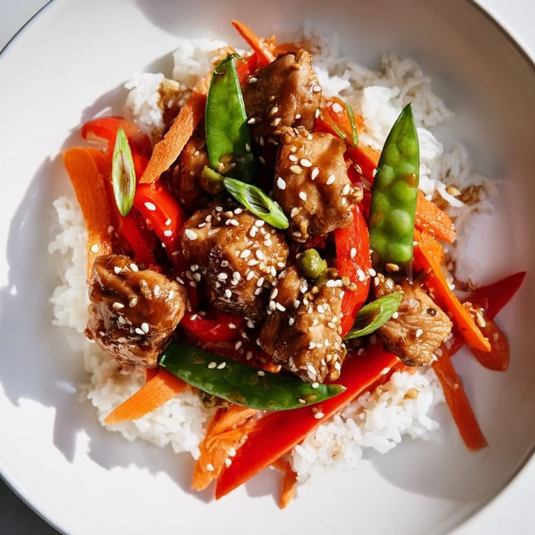 A delicious Sesame Ginger Rice Bowl featuring tender chicken atop fluffy rice with a savory sauce.