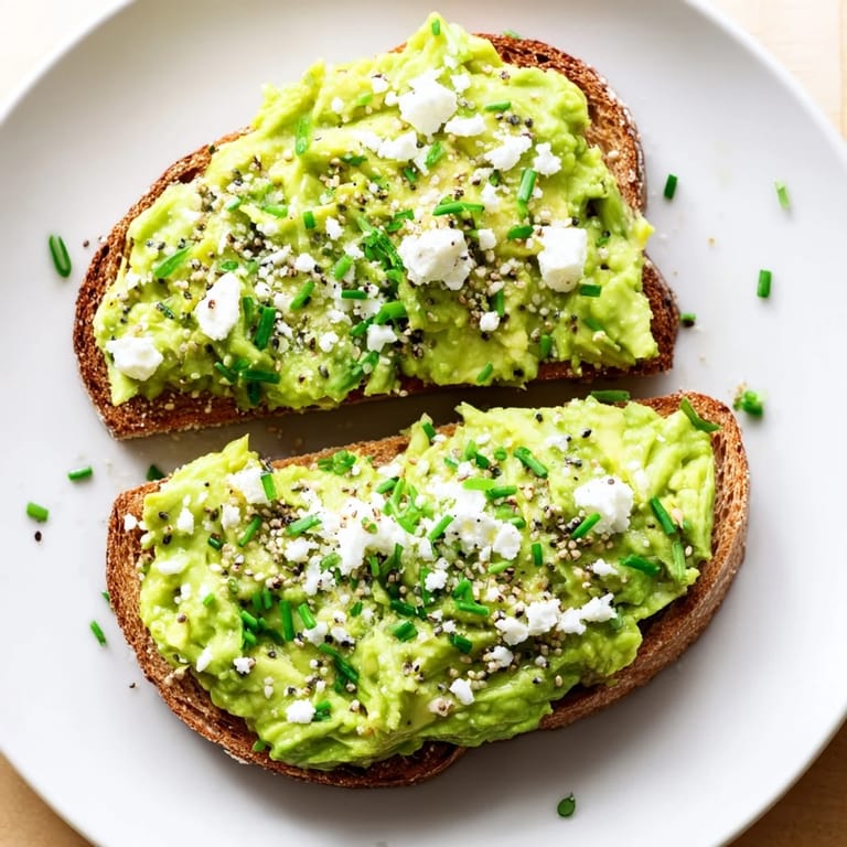 Golden toasted bread topped with mashed avocado and everything seasoning, a perfect avocado toast.