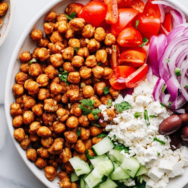 Enjoy a flavor-packed Mediterranean Chickpea Bowl: a vibrant vegan dish ready for a healthy meal.