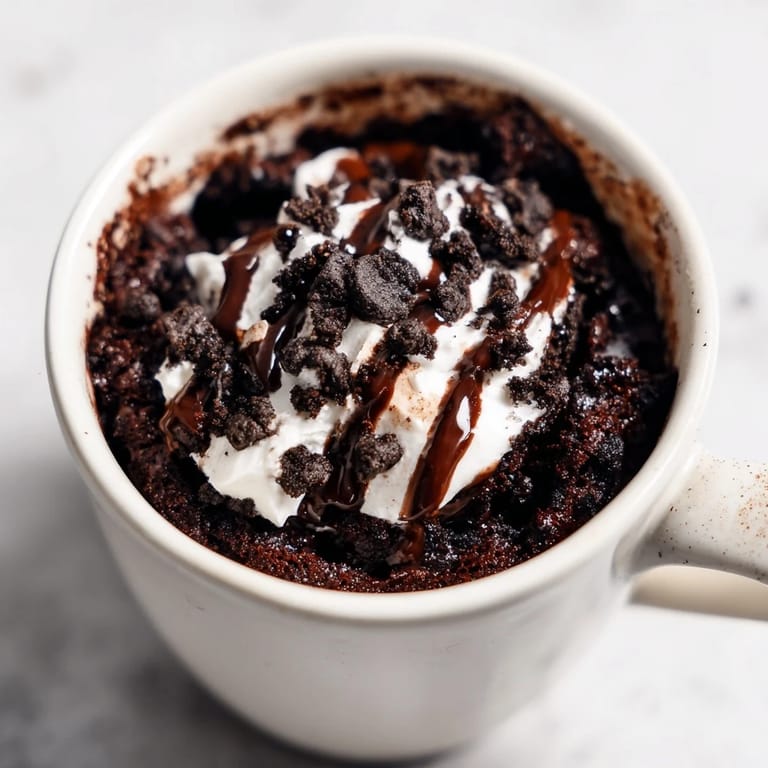 A single serving of a decadent Oreo Mug Cake, with a perfect fudgy texture, perfect for dessert.