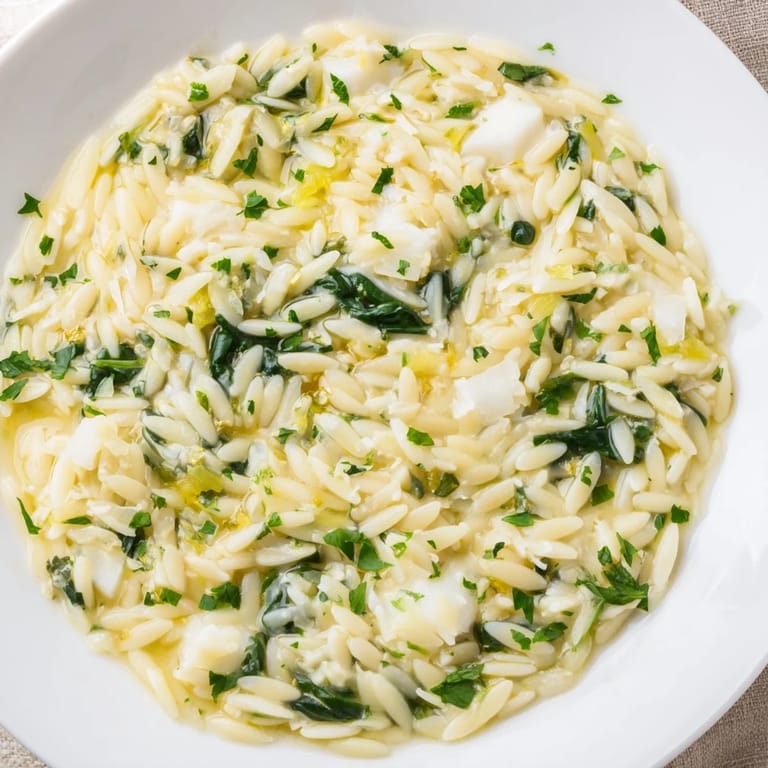Warm, appetizing bowl of one-pot creamy orzo pasta with spinach and melted mozzarella.