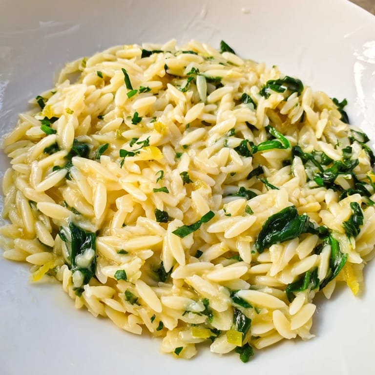 Close-up of golden-brown orzo after being cooked, showcasing the dish’s creamy texture.