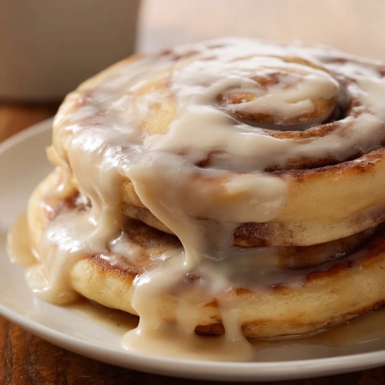 A stack of fluffy Cinnamon Roll Pancakes, perfectly round, with ribbons of cinnamon sugar and glaze.