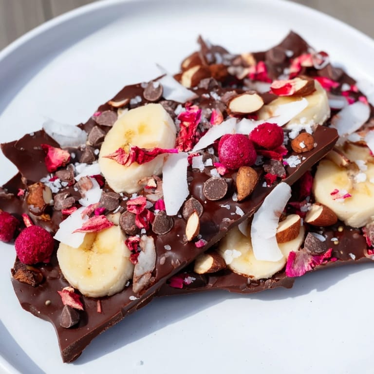 Delicious chocolate banana bark pieces, ready to break and enjoy, featuring fresh fruit.