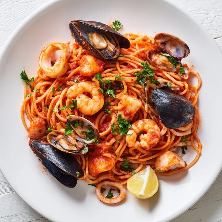 A plate of flavorful Seafood Marinara Pasta, with perfectly cooked spaghetti and tender scallops.