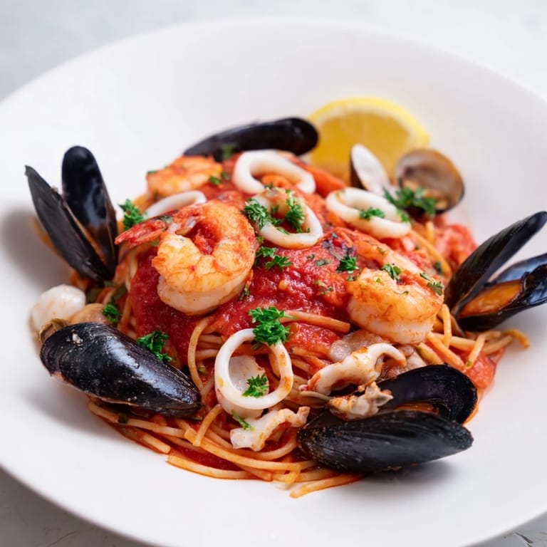 Fresh basil and lemon enhance the taste of this delicious Seafood Marinara Pasta dish, ready to savor.