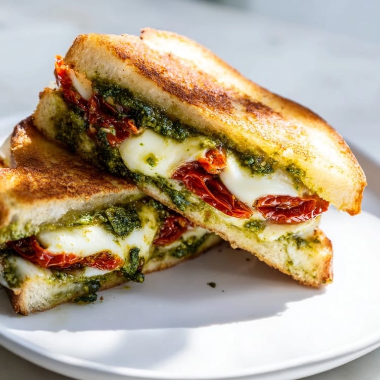 Close-up of a flavorful Pesto Grilled Cheese, showcasing crispy bread and oozing, warm cheese.