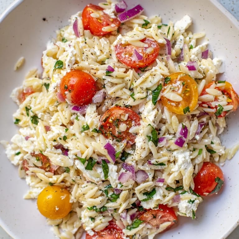 Bright, juicy cherry tomatoes and creamy feta cheese star in this refreshing Tomato Feta Orzo salad.