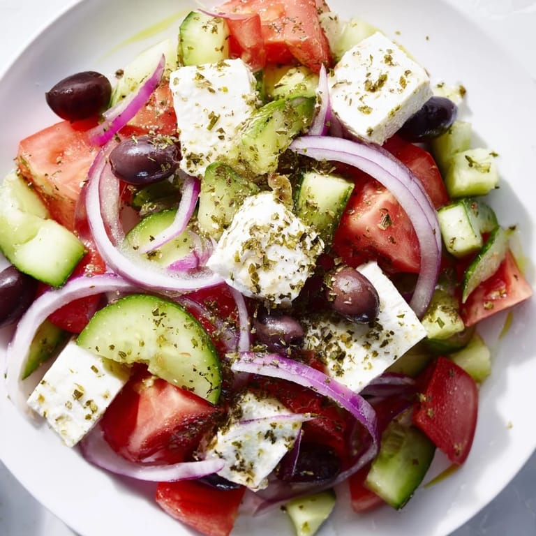 A beautiful, fresh Mediterranean salad with bright colors, dressed and ready to serve today.