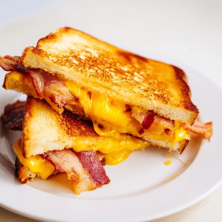 A close-up of a perfectly cooked Crispy Bacon Cheddar Grilled Cheese, showing layers of cheesy goodness.