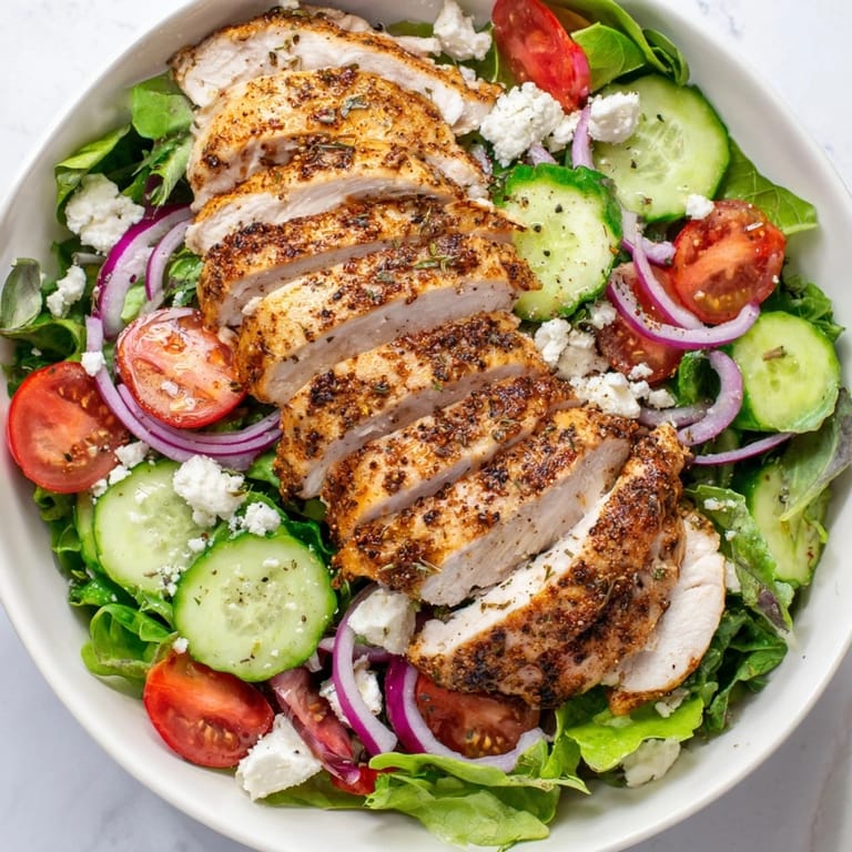Freshly made quick pan-seared chicken salad with juicy chicken resting on a bed of fresh, colorful vegetables.