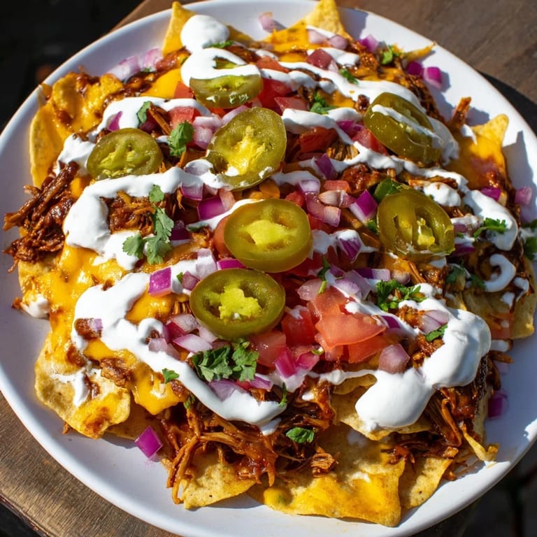 Smoky pulled pork meets creamy queso on these irresistible loaded nachos, ready in the oven.