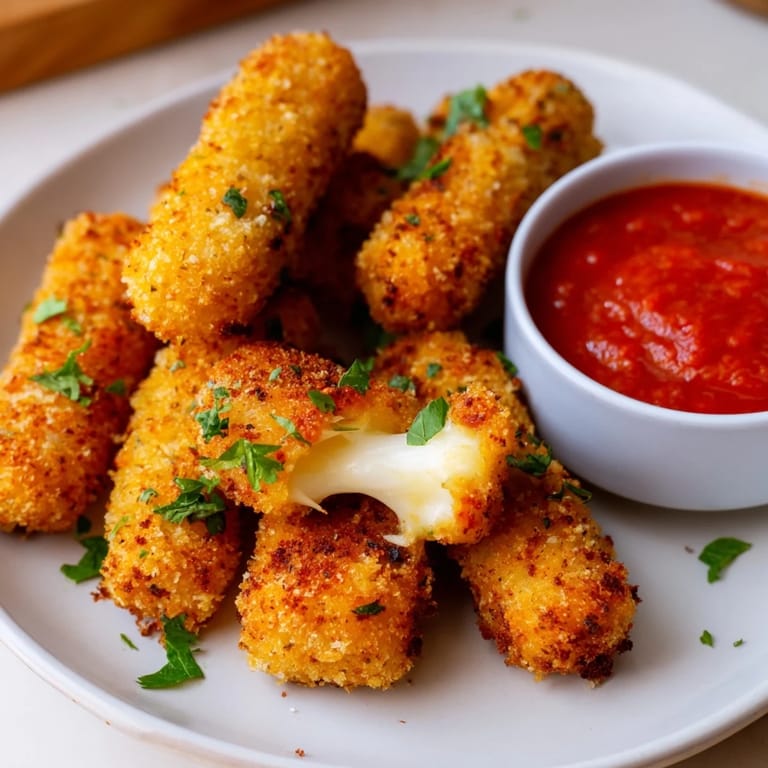 Crispy air fryer mozzarella sticks, ready in minutes, served with fresh basil for a delicious snack.