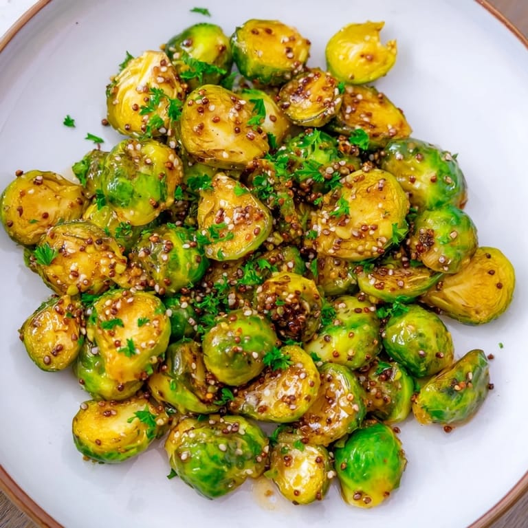 A close-up view of caramelized Honey Mustard Glazed Brussels Sprouts showcasing their delicious, textured appearance at a meal.