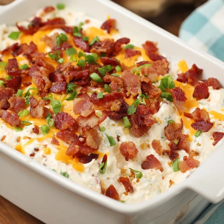 Warm, creamy Cheesy Bacon Ranch Dip, topped with crispy bacon bits, ready for dipping and sharing.