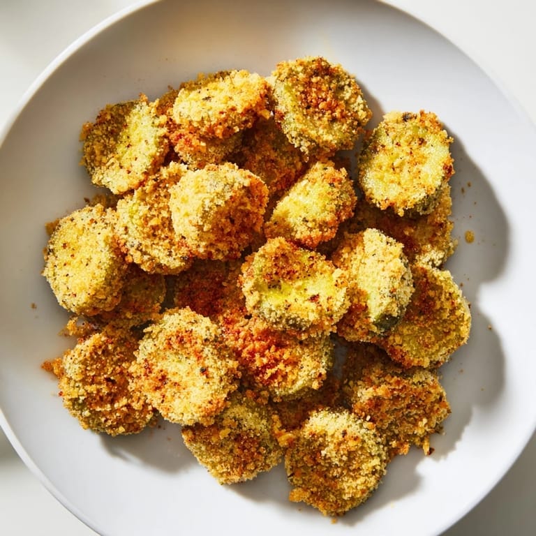 Close up shows perfectly air-fried Crispy Fried Pickles, seasoned and ready to enjoy.