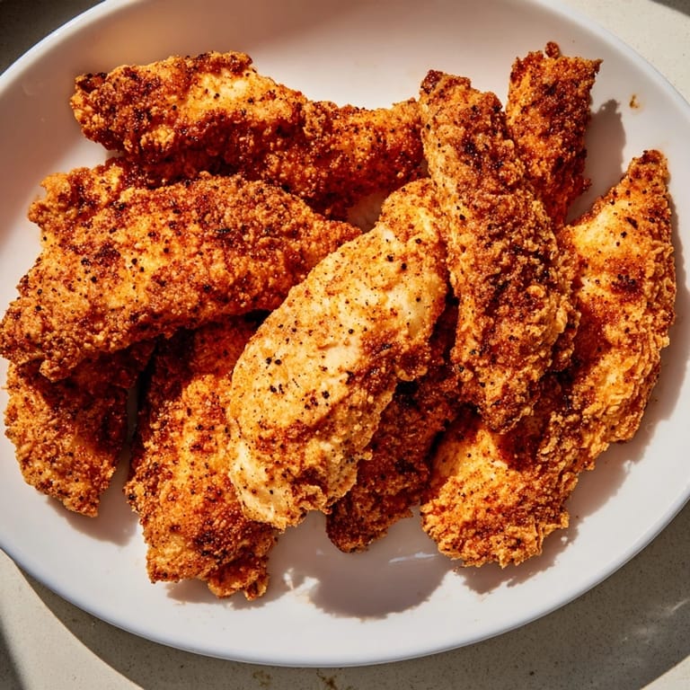 A close-up of delicious buttermilk fried chicken tenders, hinting at a satisfying crunch with every bite.