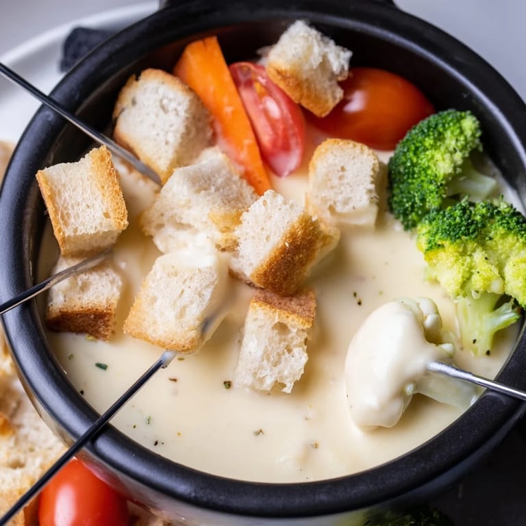 A pot of rich, melted Swiss Cheese Fondue, ready to share with family and friends at the table.