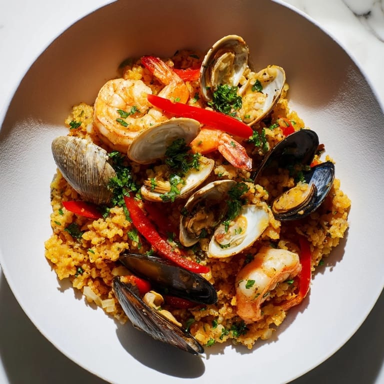 Golden saffron-infused rice forms the base of this Spanish Seafood Paella, brimming with shellfish and herbs.