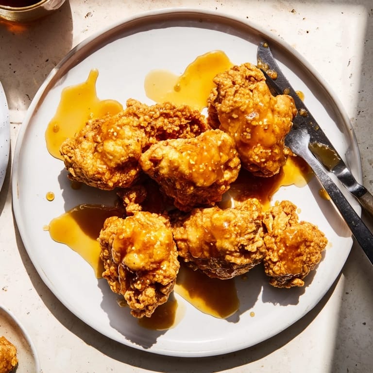 Drizzling golden hot honey butter sauce over golden-brown fried chicken pieces, highlighting the sweet heat and savory crunch.
