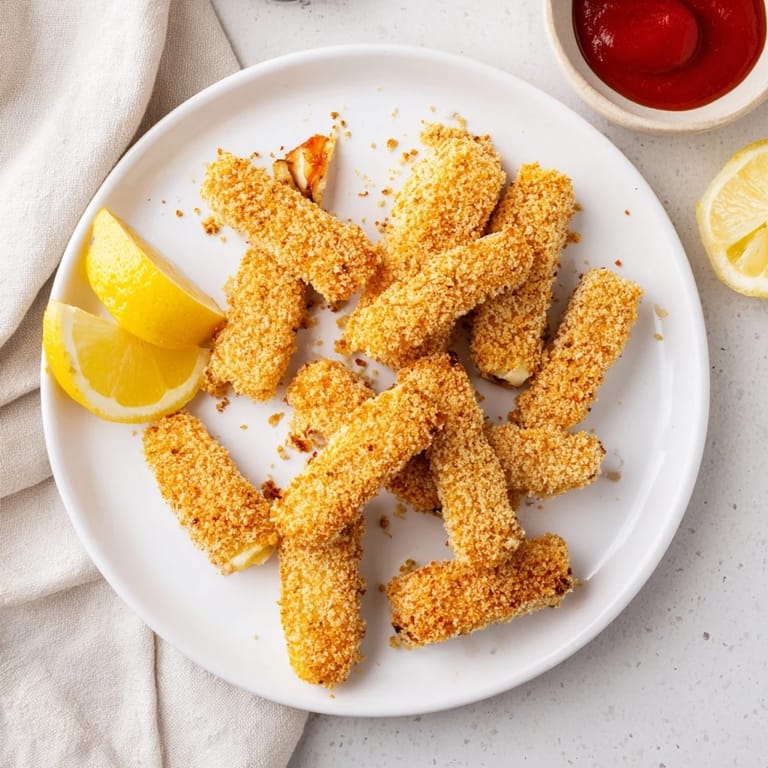 Freshly fried panko halloumi sticks with a crispy crust, resting on a napkin alongside vibrant lemon wedges for a zesty finish.  