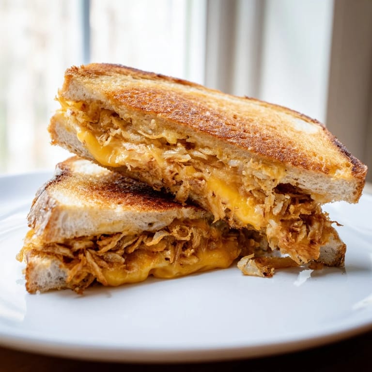 Buttery sourdough slices cradle layers of sharp cheddar and mozzarella with crispy onions for a comforting, melty Crispy Onion Grilled Cheese.