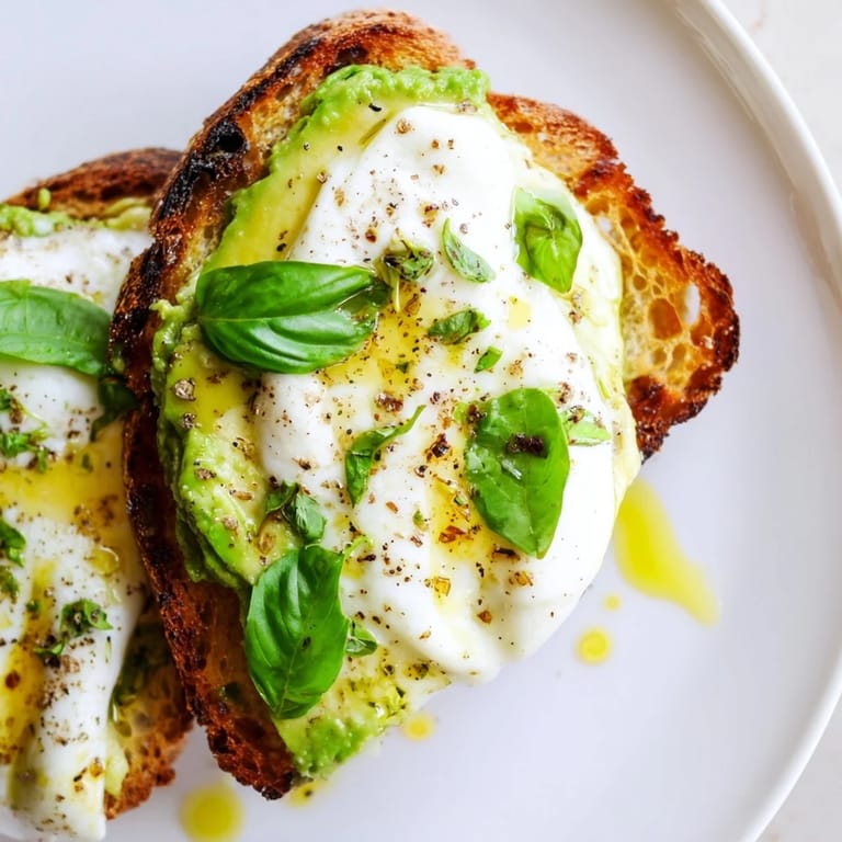 This vegetarian Avocado Mozzarella Tartine features melted cheese on crisp bread, garnished with fresh basil and olive oil.