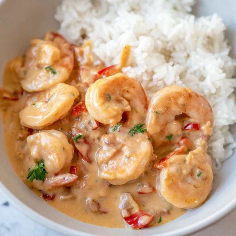 A close-up of the Creamy Cajun Shrimp Rice Bowl, highlighting the rich, creamy sauce and tender shrimp served over fluffy rice.