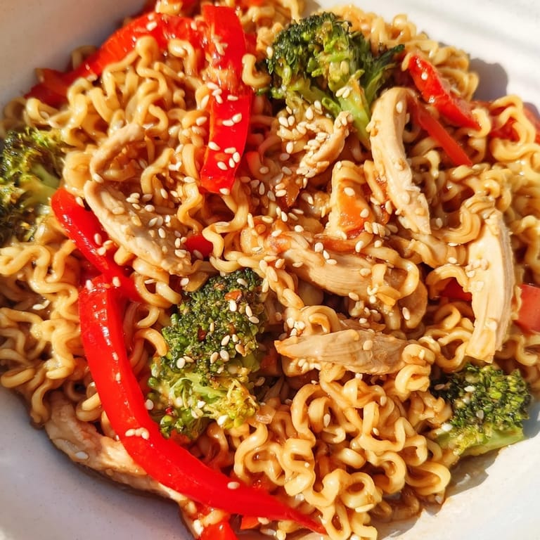 Serve this quick Spicy Ramen Stir-Fry in a shallow bowl, topped with sliced green onions and a drizzle of chili sauce.