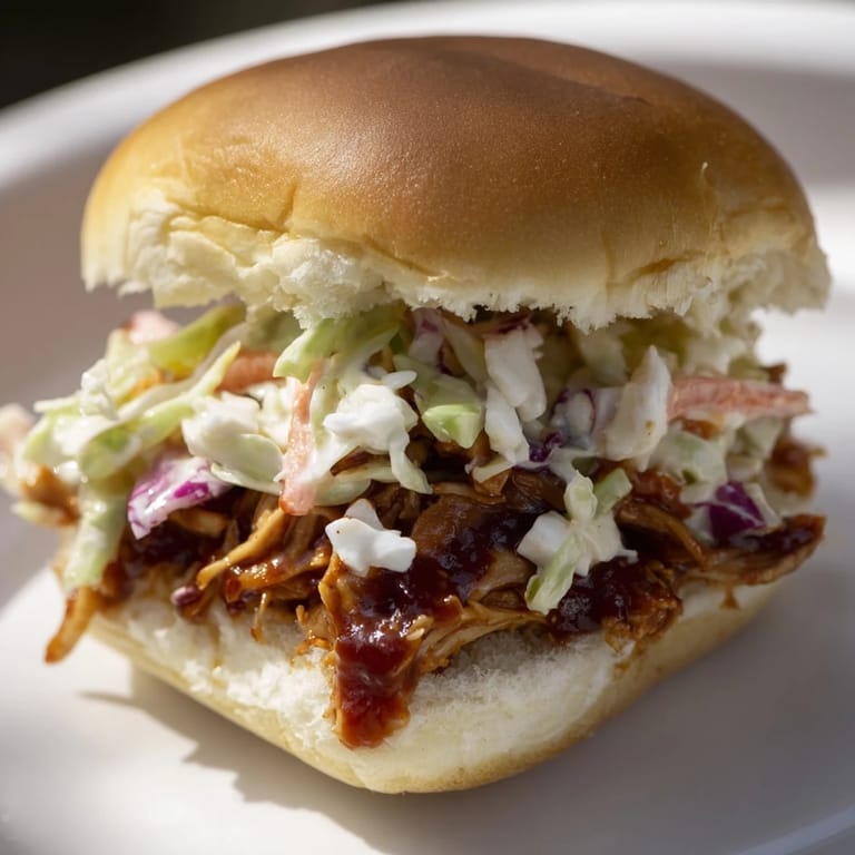 Homemade BBQ chicken sliders with juicy shredded chicken, sweet and tangy sauce, and fresh slaw inside.