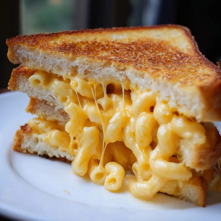 A close-up of crispy Mac & Cheese Grilled Cheese, served warm on a rustic cutting board with steam rising.  