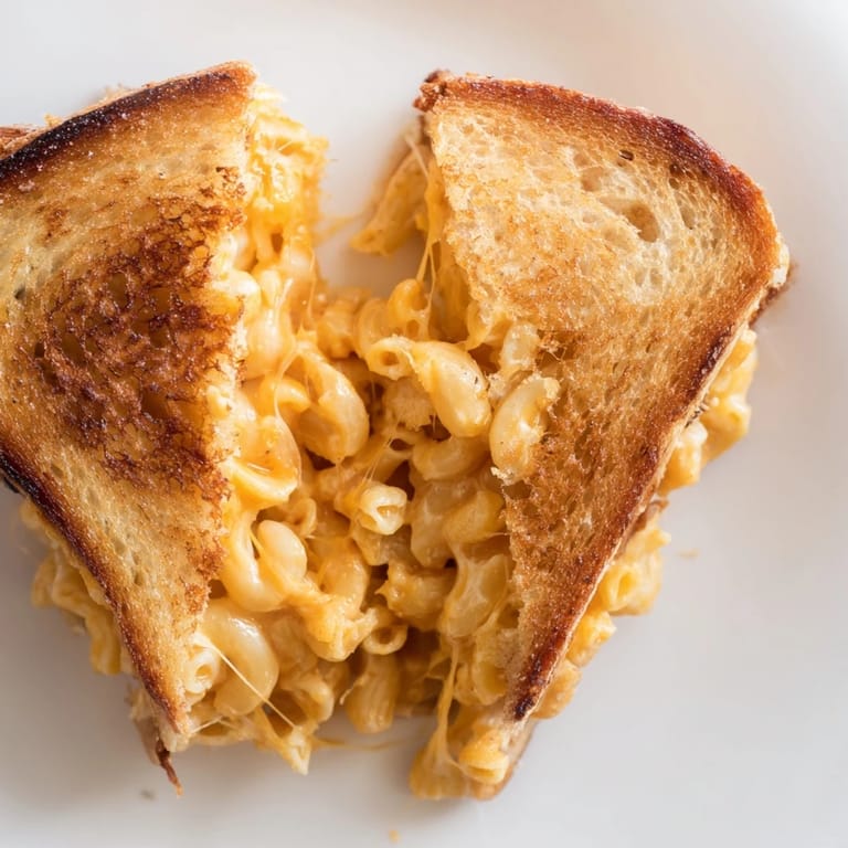 Comfort food classic: a Mac & Cheese Grilled Cheese cut in half, revealing rich, gooey cheddar filling.