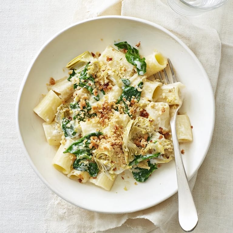 A generous scoop of Artichoke Pasta Bake on a wooden spoon, revealing the creamy Parmesan sauce and tender spinach throughout.