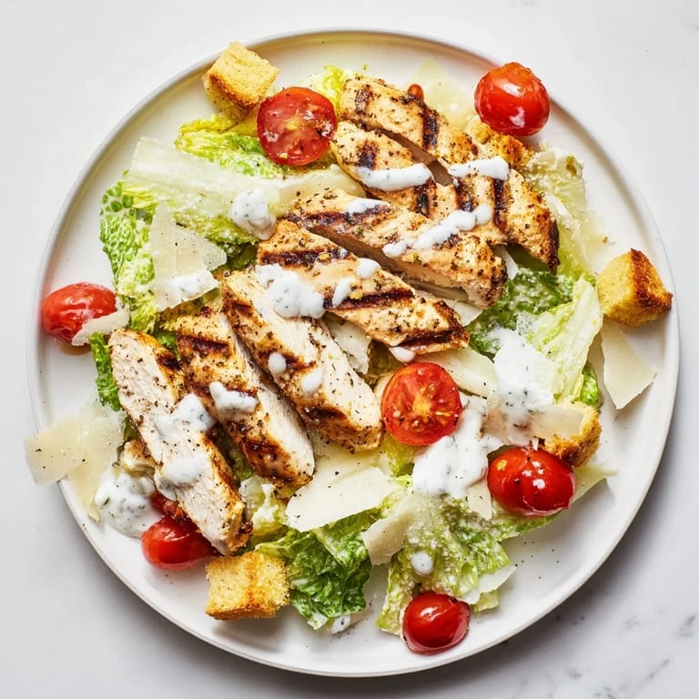Freshly grilled chicken strips rest on a bed of romaine and cherry tomatoes in the Yogurt Caesar Grilled Chicken Salad.