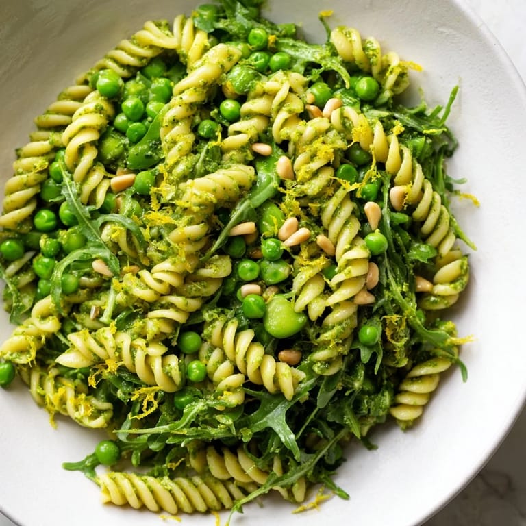 Spring Green Pesto Pasta Salad served chilled in a white bowl, garnished with lemon zest and crumbled feta, perfect for a sunny picnic or spring gathering.