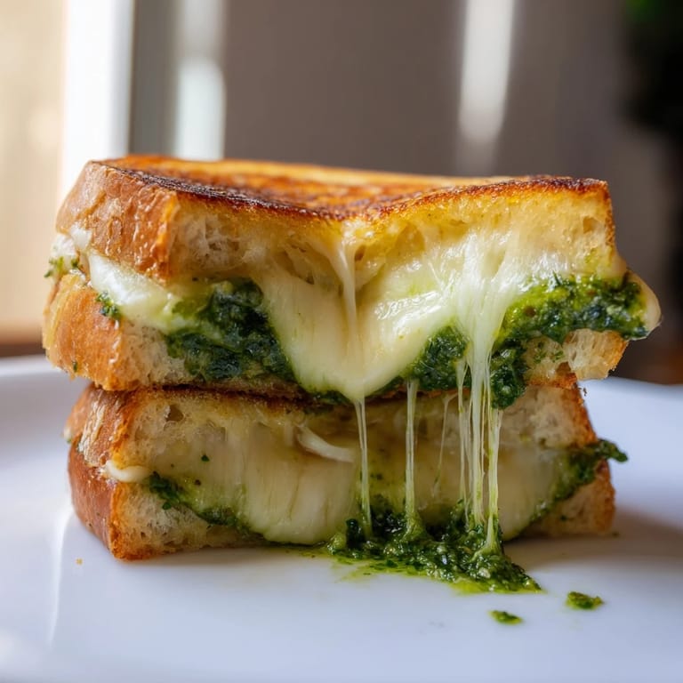 Sliced in half, the sourdough pesto grilled cheese reveals layers of mozzarella, fontina, and sharp cheddar with vibrant green basil pesto.