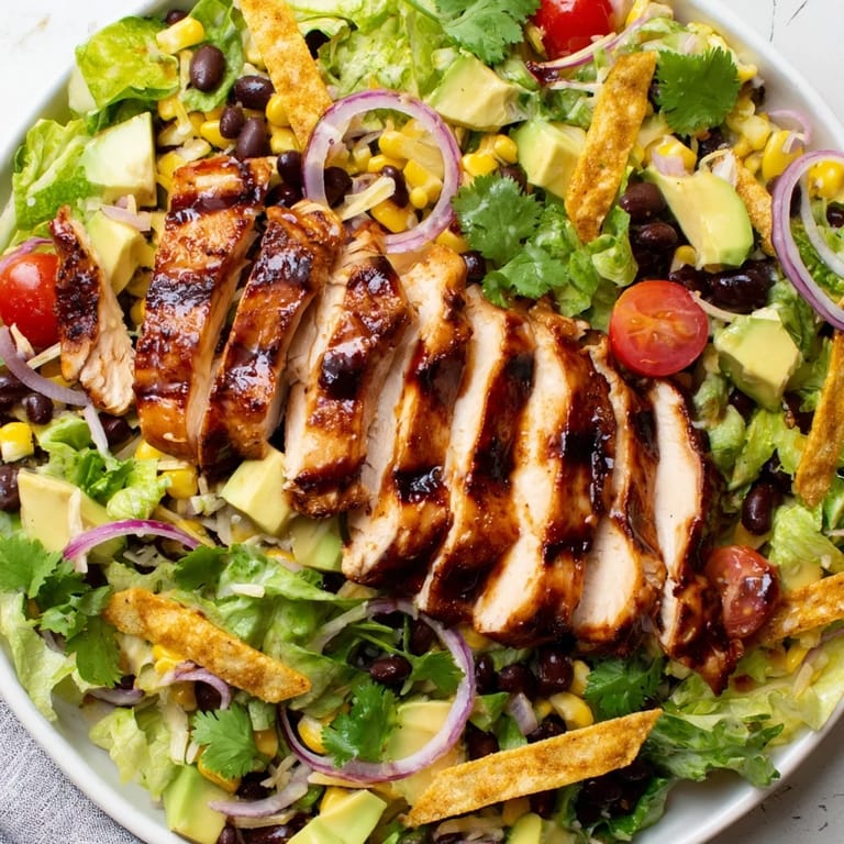 A close-up view of a vibrant honey lime chicken taco salad, featuring juicy chicken, crispy tortilla strips, fresh cilantro, and melted cheese over crisp greens.