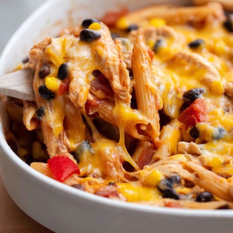 Forkful of Chicken Burrito Pasta Bake reveals tender chicken and gooey cheese in a hearty casserole.