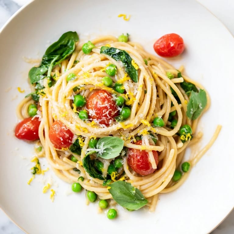 Spring Veggie One-Pot Spaghetti served in a white bowl, garnished with fresh basil leaves and a sprinkle of Parmesan, steam rising gently from the colorful vegetables.