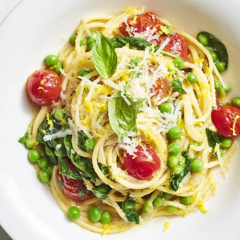 A rustic skillet filled with Spring Veggie One-Pot Spaghetti, showcasing red onion, garlic, bright green peas, and cherry tomatoes mixed into the savory pasta.