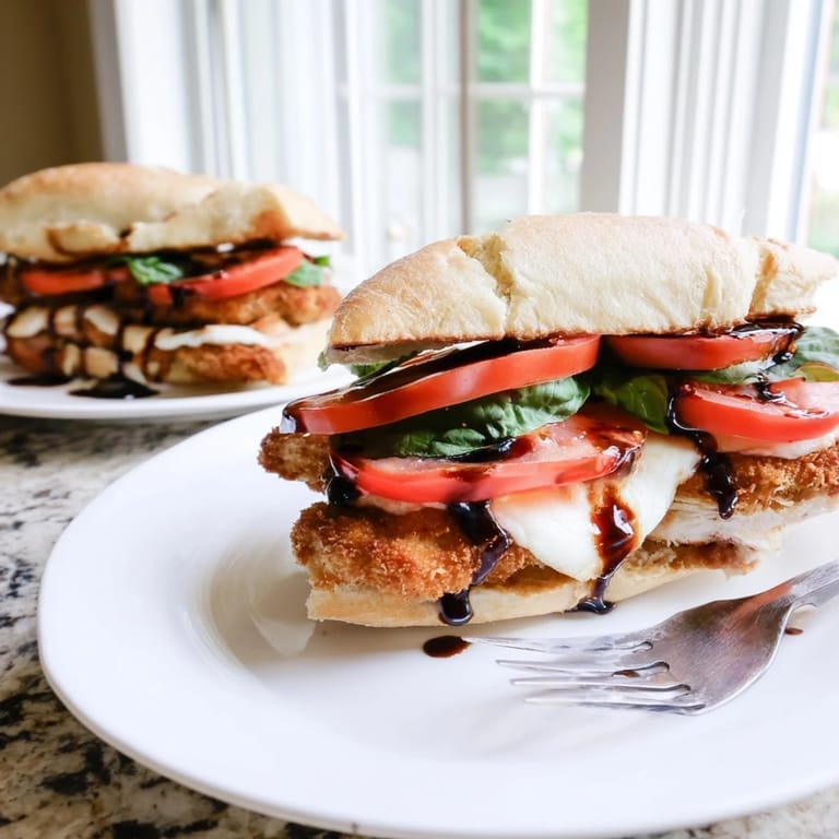 A close-up of the Crispy Chicken Caprese Sandwich showing juicy tomato slices and a drizzle of balsamic glaze on crusty bread.