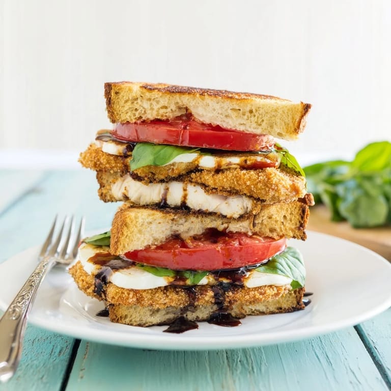 A warm Crispy Chicken Caprese Sandwich served on a plate with fresh basil and melted mozzarella, ready to enjoy.