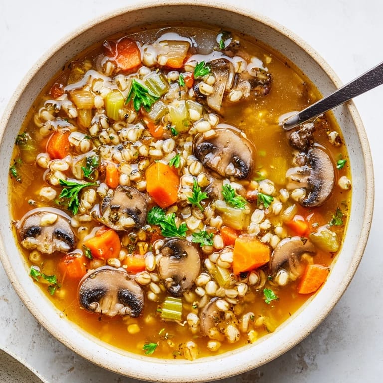 A close-up of Mushroom and Barley Soup, highlighting earthy mushrooms and plump pearl barley simmered in a rich, herb-infused broth.
