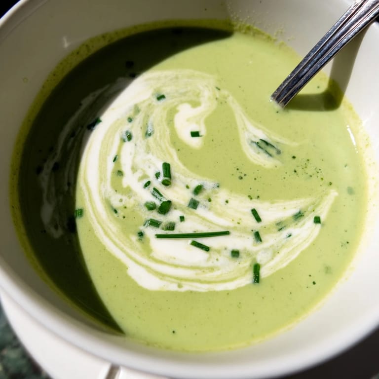 A bowl of creamy broccoli soup sits beside a slice of crusty bread, showcasing its velvety texture and vibrant green color.