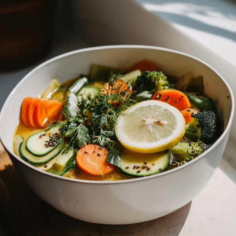 Healing ginger-infused Collagen-Boosting Broth Bowl garnished with parsley and lemon wedges, perfect for paleo diets.