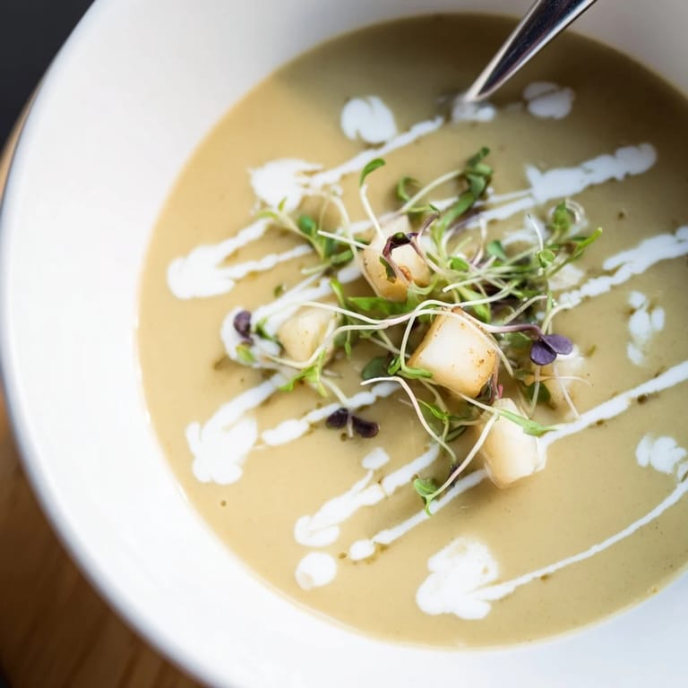 Silky smooth Celery Root Bisque in a rustic ceramic bowl, topped with microgreens and a drizzle of truffle oil.